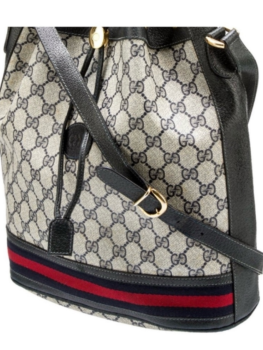 Gucci GG Bucket Bag with Black Trim and Red & Navy Stripe